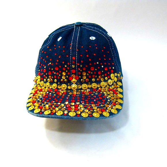 Handmade Denim Red Gold Rhinestone Studded Glittery streetwear Baseball Cap Hat - Picture 8 of 8